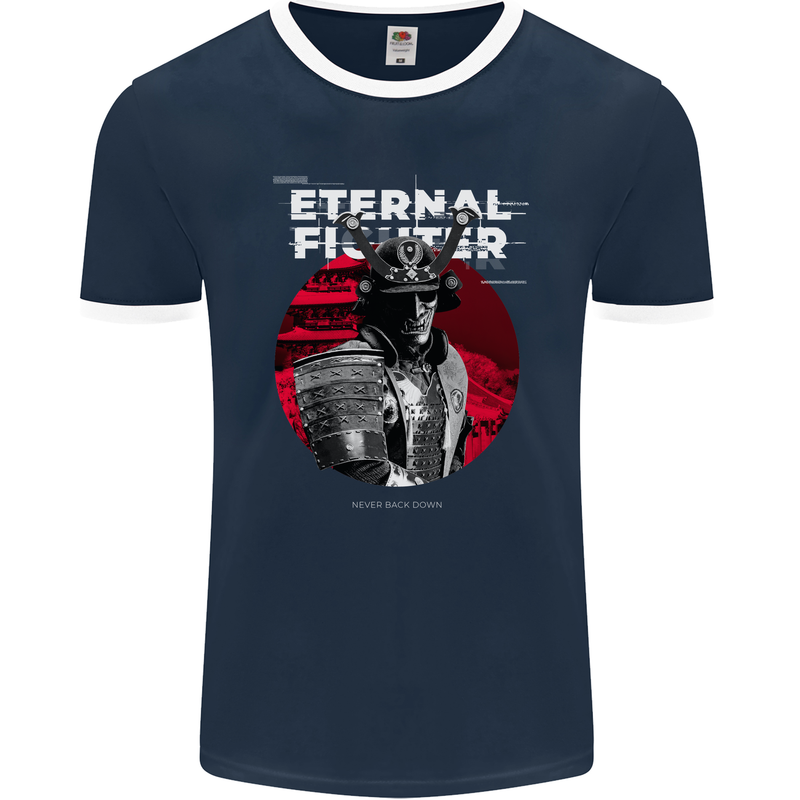 Samurai Fighter Skull MMA Mixed Martial Arts Mens Ringer T-Shirt FotL Navy Blue/White