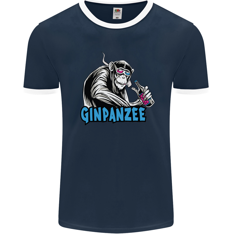 Ginpanzee Funny Gin Drinker Monkey Alcohol Mens Ringer T-Shirt FotL Navy Blue/White