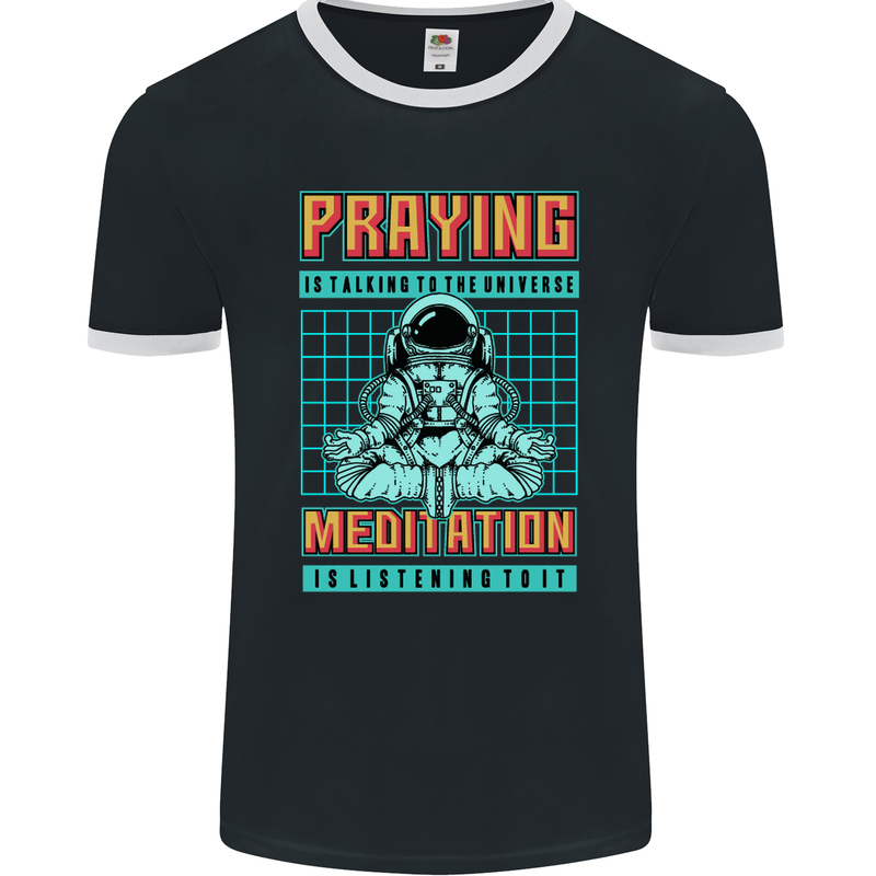 Praying and Meditation Space Universe Yoga Mens Ringer T-Shirt FotL Black/White