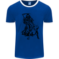 Pitbull Grim Reaper Dog Skull Satan Demon Mens White Ringer T-Shirt Royal Blue/White