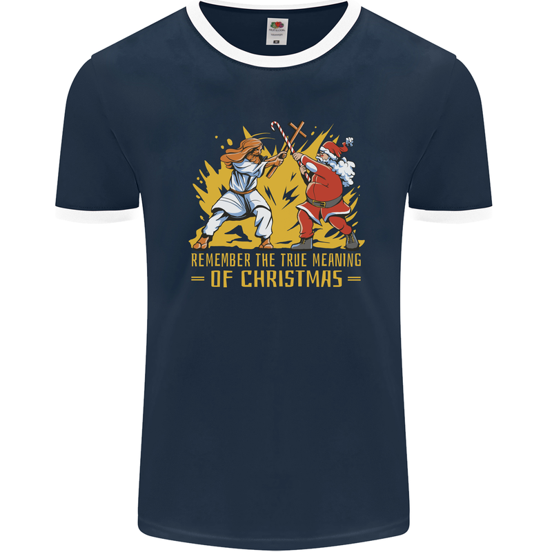 Santa vs Jesus Funny Christmas Xmas Mens Ringer T-Shirt FotL Navy Blue/White