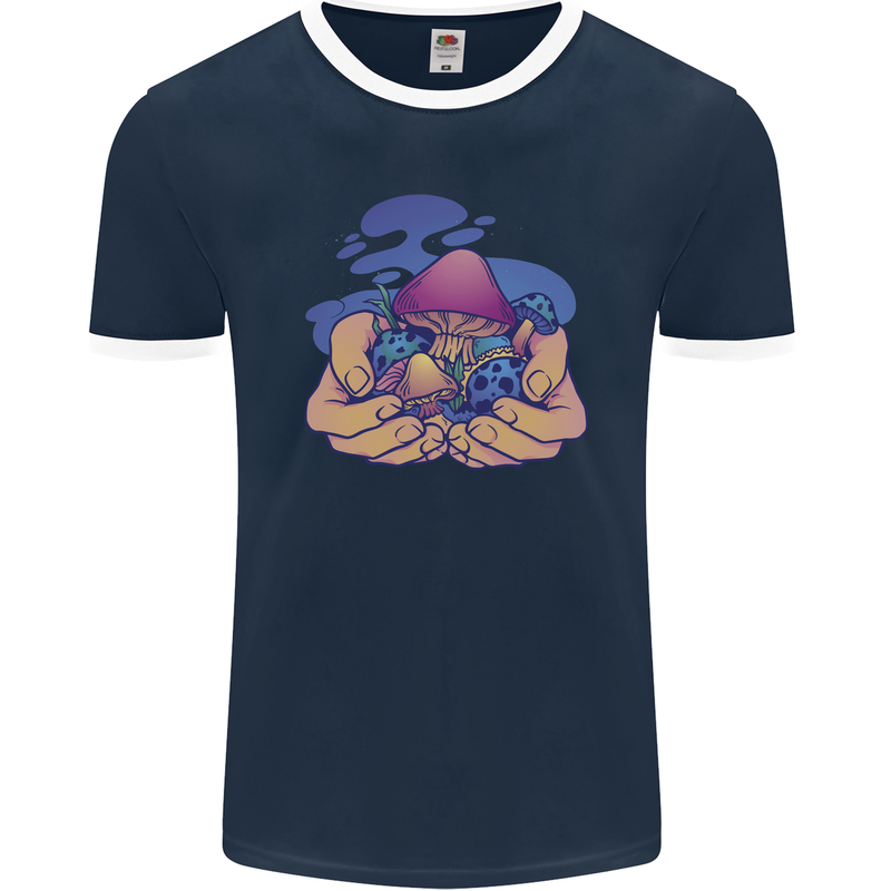 Magic Mushroom Hands Mycology Trippy Mens Ringer T-Shirt FotL Navy Blue/White