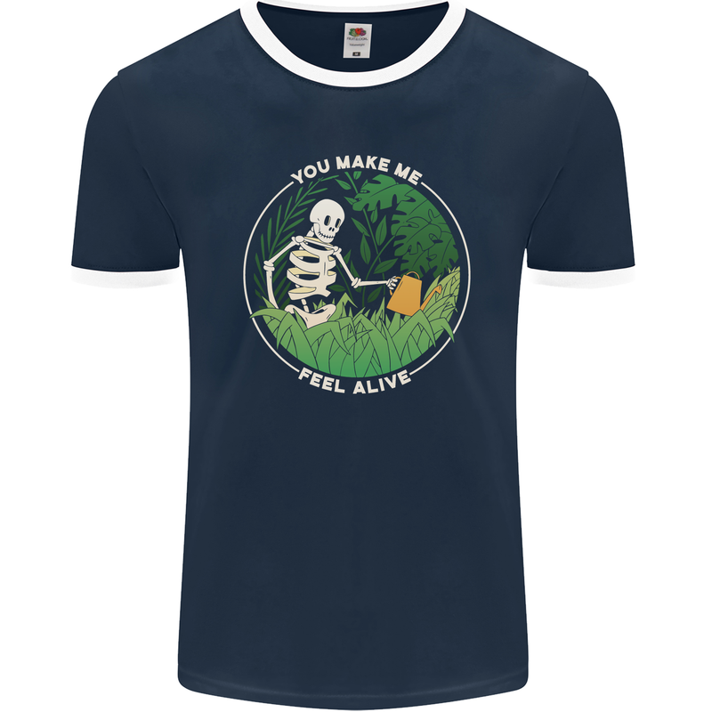 Feel Alive Gardening Gardener Plants Skull Mens Ringer T-Shirt FotL Navy Blue/White