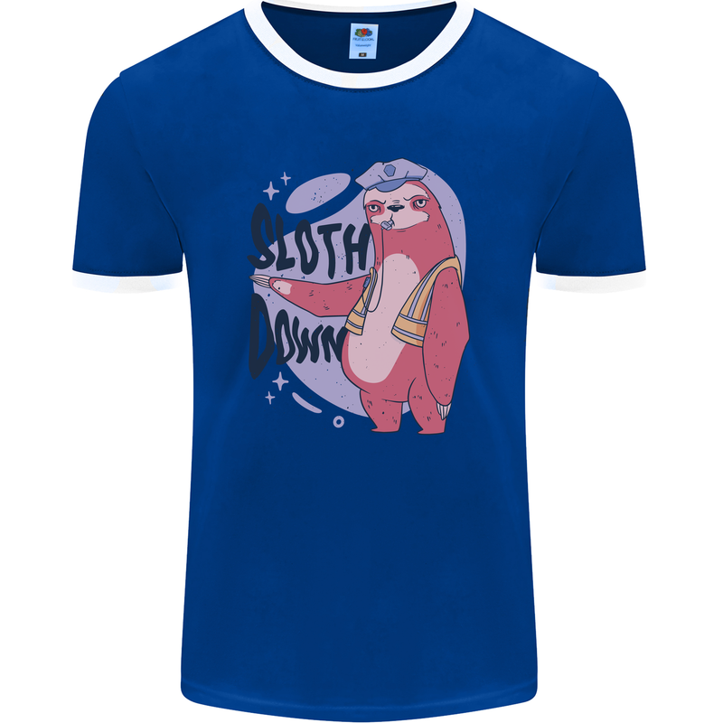 Sloth Down Policeman Funny Mens Ringer T-Shirt FotL Royal Blue/White