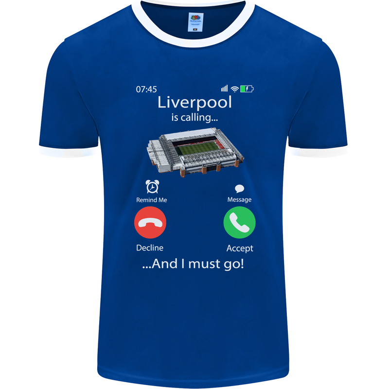 Liverpool Is Calling Funny Football Mens Ringer T-Shirt FotL Royal Blue/White