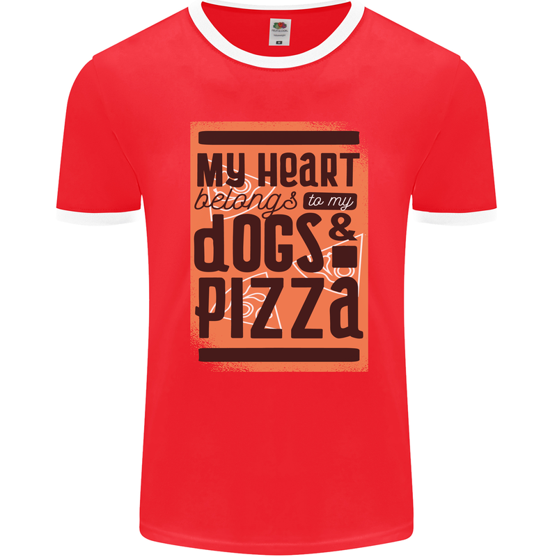 My Heart Belongs to Dogs & Pizza Funny Mens Ringer T-Shirt FotL Red/White