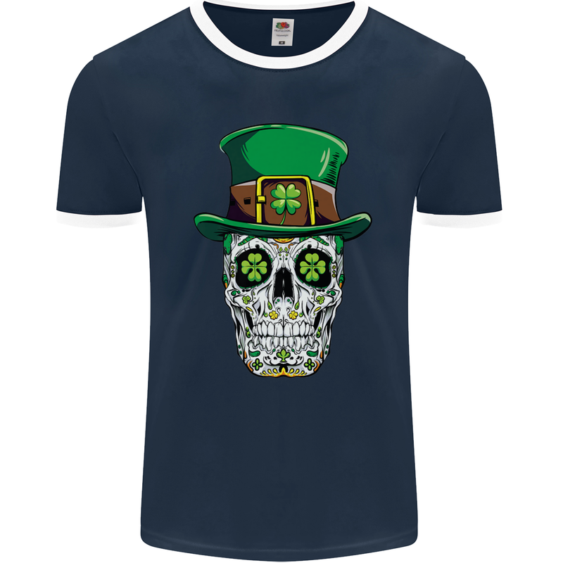 St Patricks Day of the Dead Sugar Skull Mens Ringer T-Shirt FotL Navy Blue/White