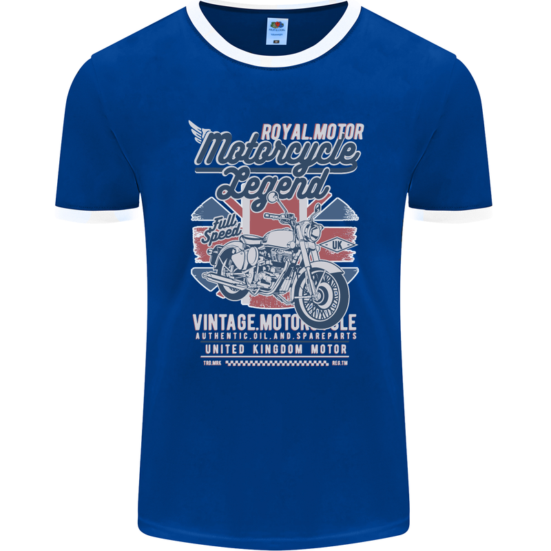 Motorcycle Legend Biker Union Jack British Mens Ringer T-Shirt FotL Royal Blue/White