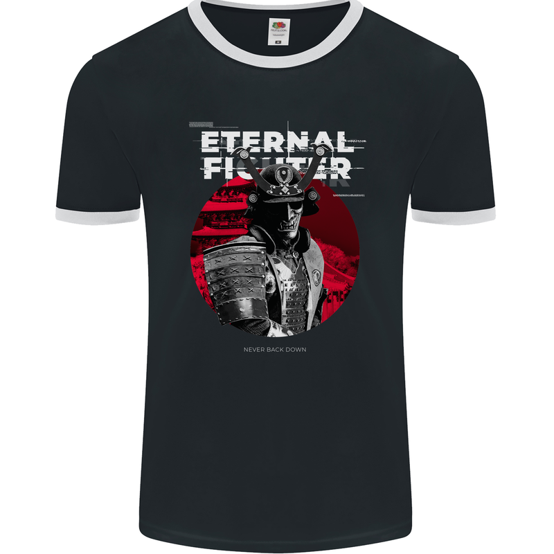Samurai Fighter Skull MMA Mixed Martial Arts Mens Ringer T-Shirt FotL Black/White
