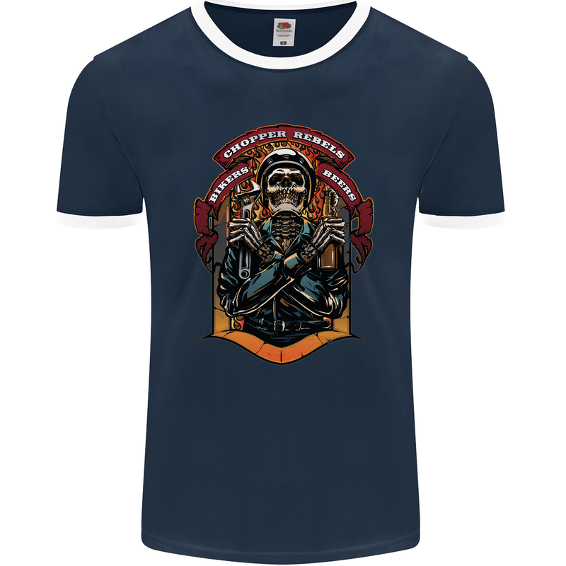 Motorbike Chopper Rebels Bikers Beers Mens Ringer T-Shirt FotL Navy Blue/White