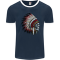 Indian Skull Headdress Biker Motorbike Mens Ringer T-Shirt FotL Navy Blue/White