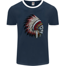Indian Skull Headdress Biker Motorbike Mens Ringer T-Shirt FotL Navy Blue/White