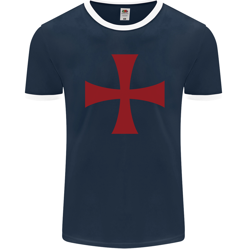 Knights Templar Cross Fancy Dress Outfit Mens Ringer T-Shirt FotL Navy Blue/White