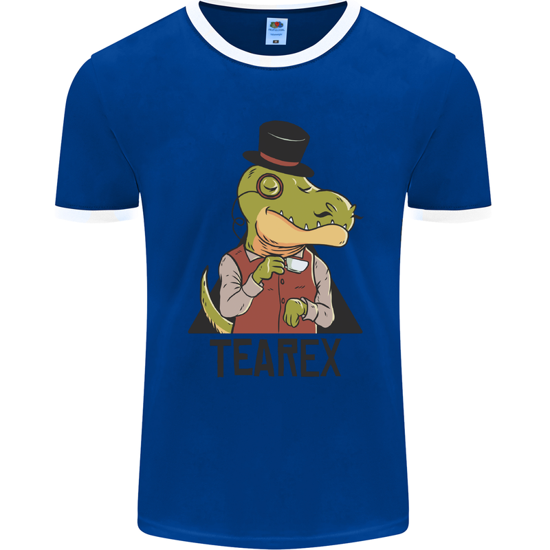 TeaRex Funny T-Rex Dinosaur Tea Drinker Mens Ringer T-Shirt FotL Royal Blue/White