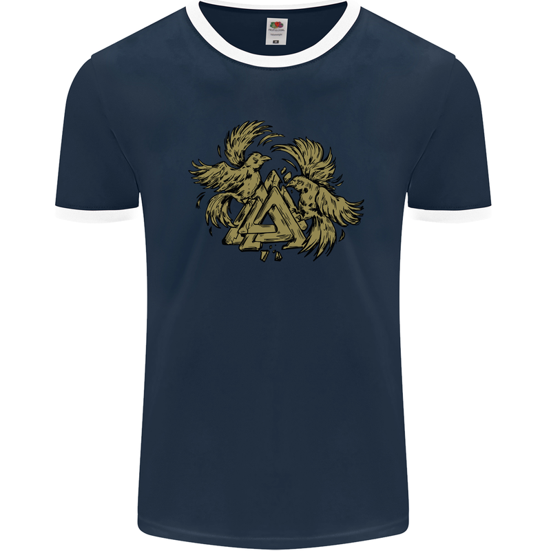 Valknut Symbol With Ravens Vikings Mens Ringer T-Shirt FotL Navy Blue/White