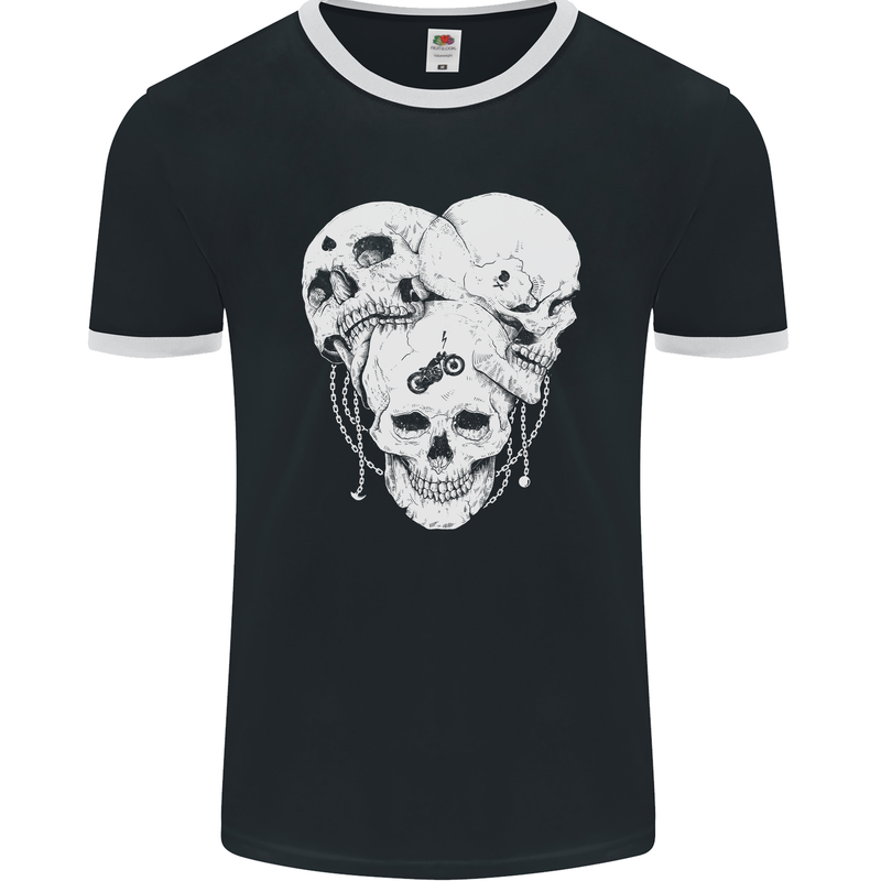 3 Skulls Gothic Heavy Metal Biker Demon Mens Ringer T-Shirt FotL Black/White