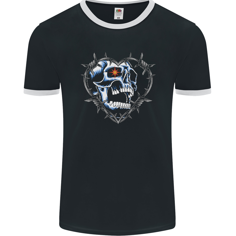 Skull Love in Barbed Wire Heart Mens Ringer T-Shirt FotL Black/White