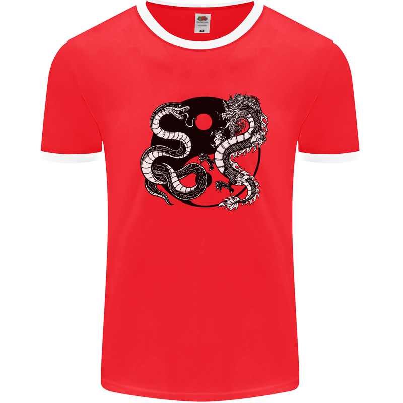 Yin Yang Dragons Japan Japanese Mens White Ringer T-Shirt Red/White