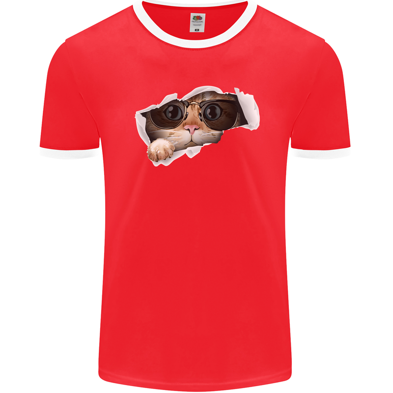 A Funny Cat Peeking From a Ripped Top Mens Ringer T-Shirt FotL Red/White