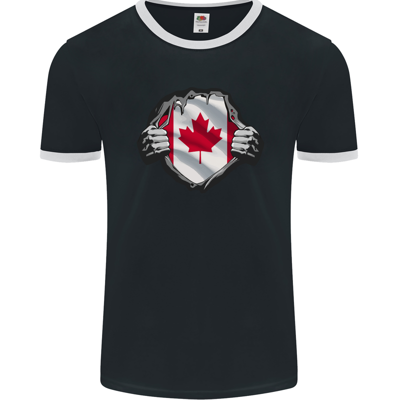 Canadian Flag Ripped Torn Gym Canada Day Mens Ringer T-Shirt FotL Black/White