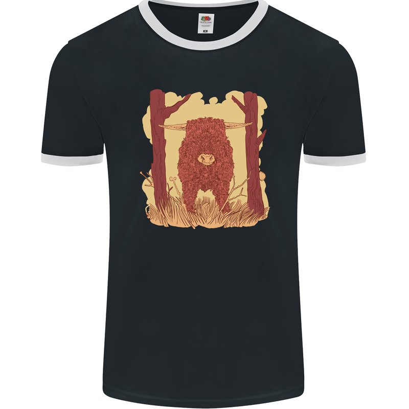 A Highland Cow Mens Ringer T-Shirt FotL Black/White