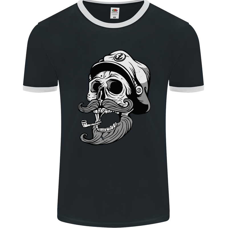 Old Sailor Skull Sailing Captain Mens Ringer T-Shirt FotL Black/White