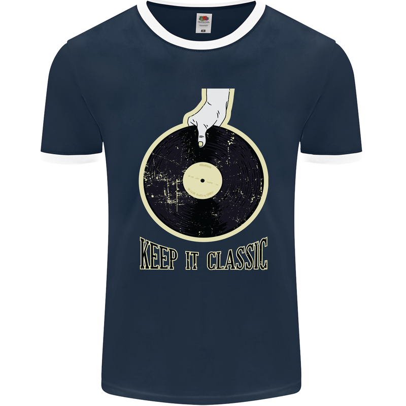 Vinyl Records Keep it Classic DJ Decks Mens Ringer T-Shirt FotL Navy Blue/White