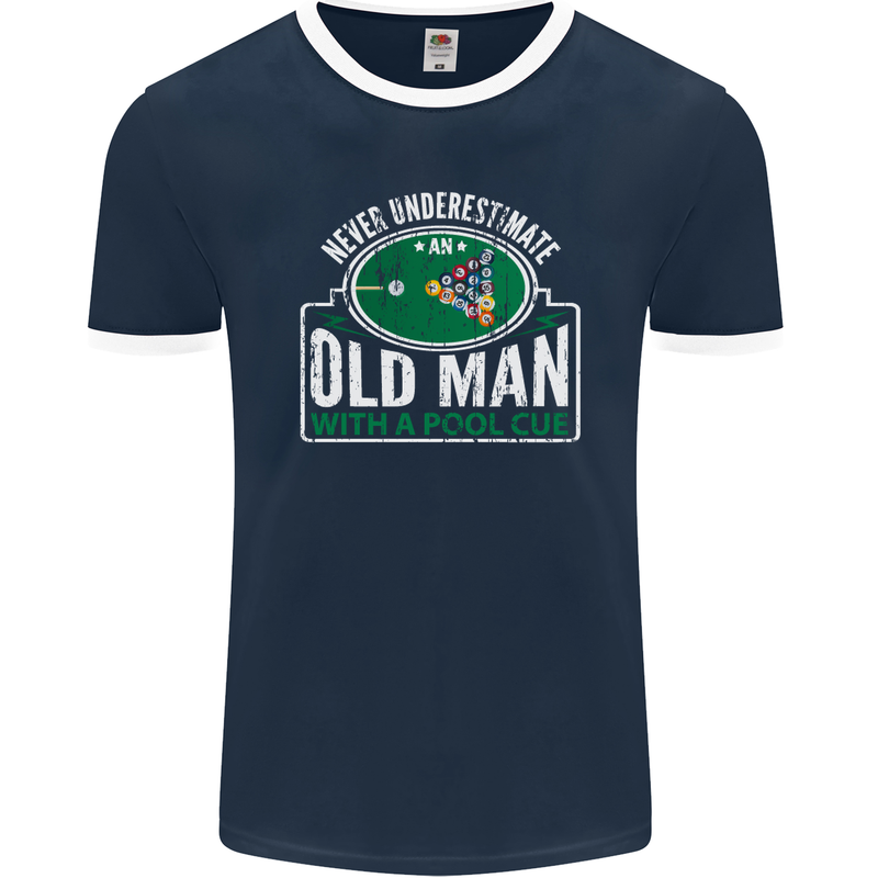 An Old Man With a Pool Cue Player Funny Mens Ringer T-Shirt FotL Navy Blue/White