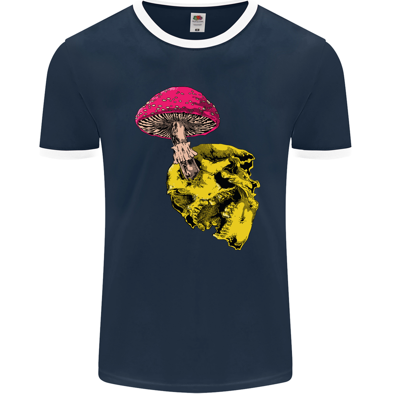 Mushroom Skull Toadstool Magic Gothic Mens Ringer T-Shirt FotL Navy Blue/White