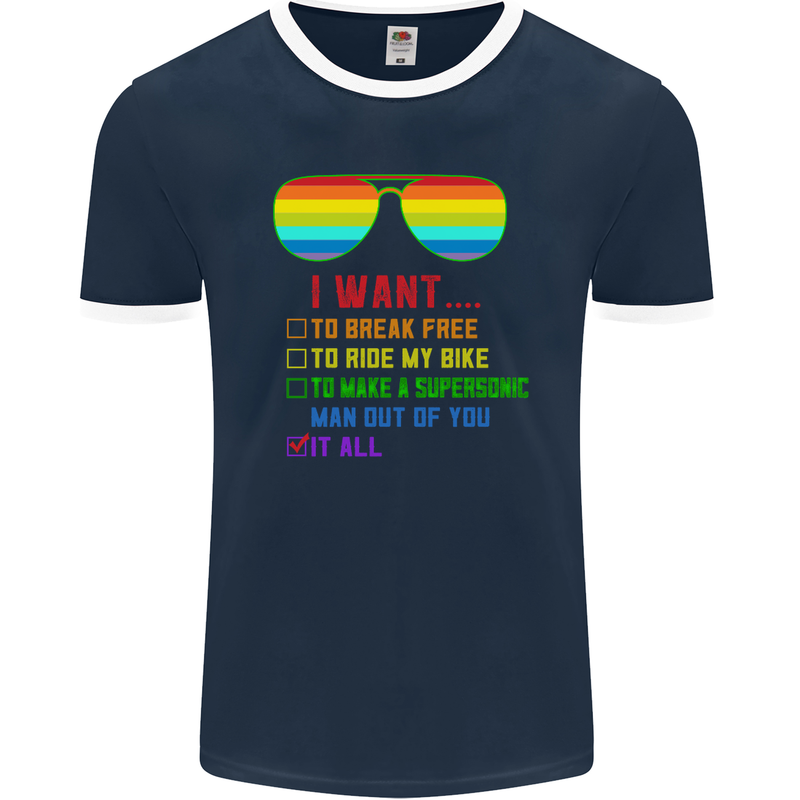 Want to Break Free Ride My Bike Funny LGBT Mens Ringer T-Shirt FotL Navy Blue/White