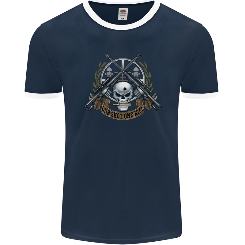 Sniper Ace One Shot Kill Para Marine Army Mens Ringer T-Shirt FotL Navy Blue/White