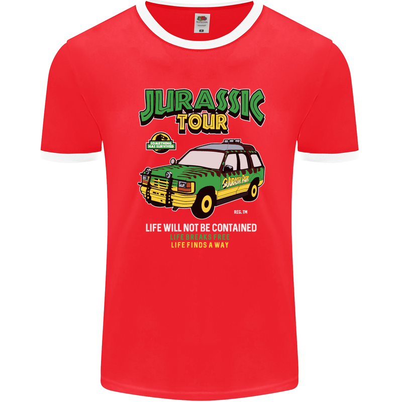 Jurassic Tour Funny Dinosaur T-Rex Mens Ringer T-Shirt FotL Red/White