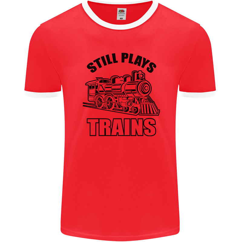 Still Plays With Trains Spotter Spotting Mens Ringer T-Shirt FotL Red/White