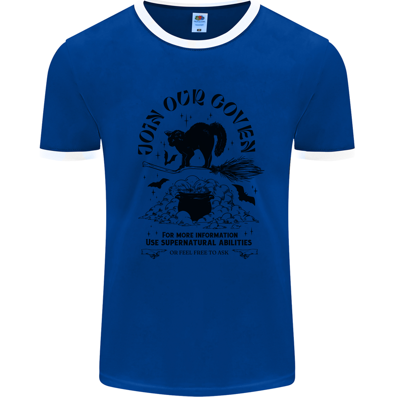 Join Our Coven Funny Halloween Cat Mens White Ringer T-Shirt Royal Blue/White