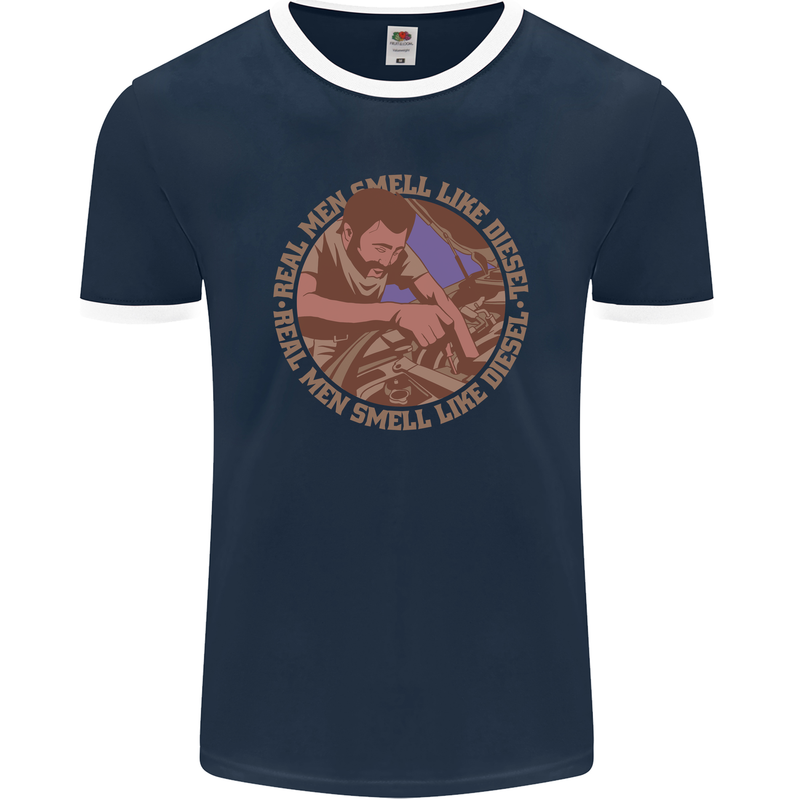 Mechanic Real Men Smell Like Diesel Mens Ringer T-Shirt FotL Navy Blue/White