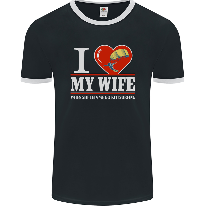 I Heart My Wife Kitesurfing Kitesurfer Mens Ringer T-Shirt FotL Black/White