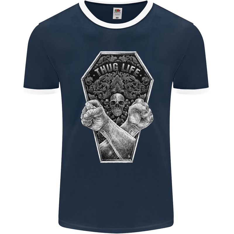 Thug Life Skulls Mens Ringer T-Shirt FotL Navy Blue/White