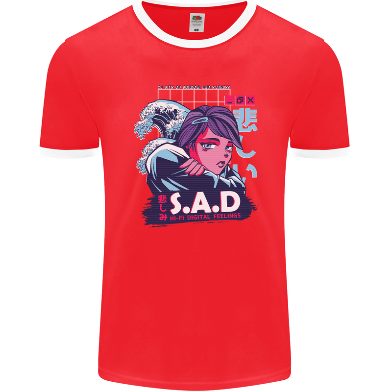 Music Vaporwave Anime Girl Emo SAD Mens Ringer T-Shirt FotL Red/White