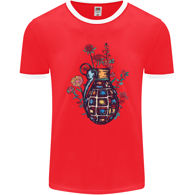 Peace Grenade Anti-War Pacifist World Hippy Mens Ringer T-Shirt FotL Red/White