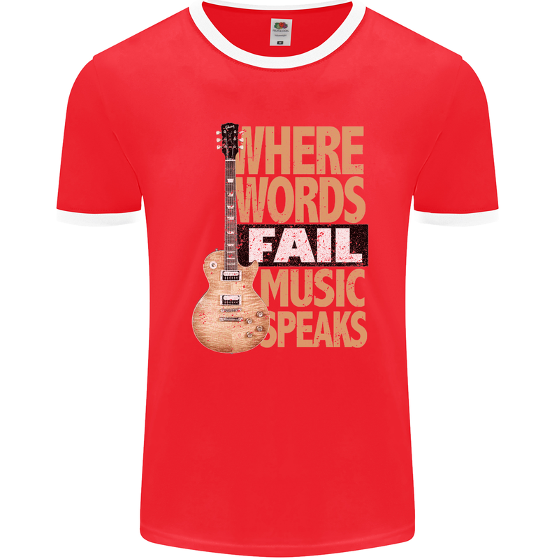 Guitar Words Fail Music Speaks Guitarist Mens Ringer T-Shirt FotL Red/White