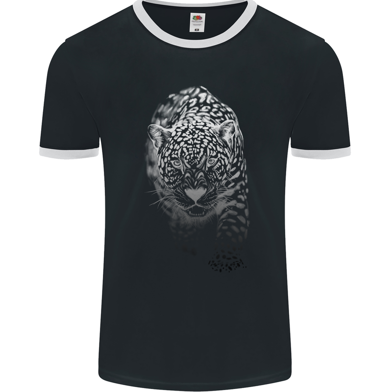 Stealthy Jaguar Wild Cats Lion Tiger Mens Ringer T-Shirt FotL Black/White