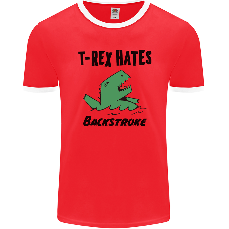 T-Rex Hates Backstroke Funny Swimming Swim Mens Ringer T-Shirt FotL Red/White