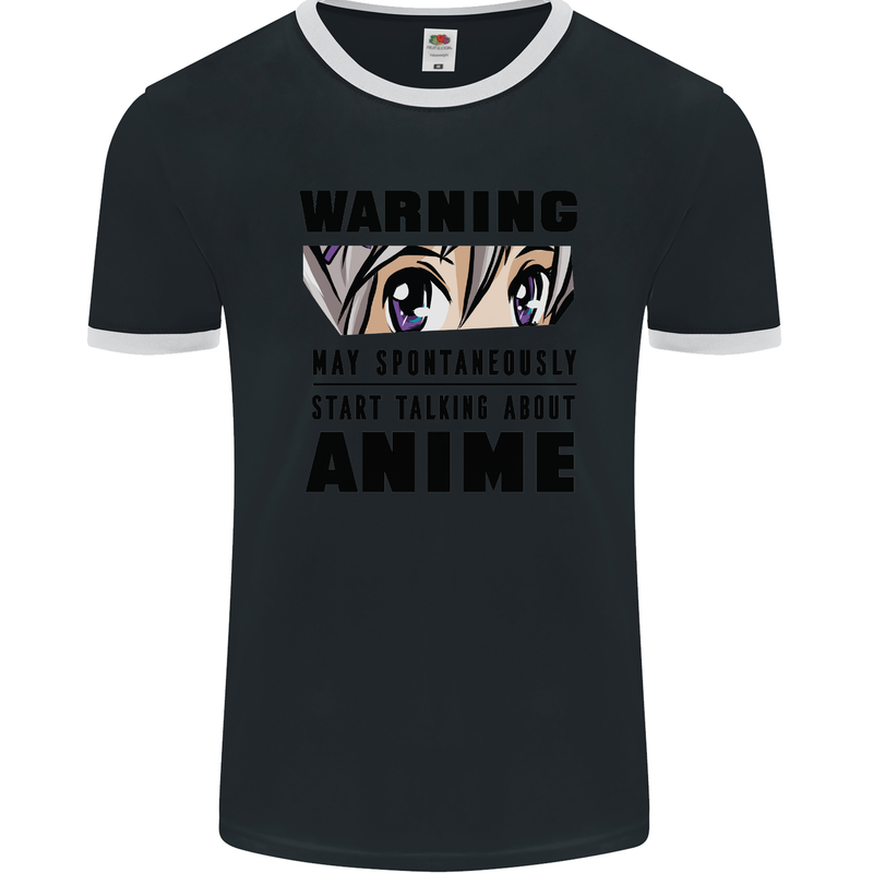 Warning May Start Talking About Anime Funny Mens Ringer T-Shirt FotL Black/White