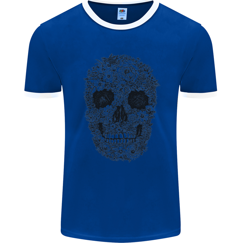 A Skull Made of Flowers Gothic Rock Biker Mens Ringer T-Shirt FotL Royal Blue/White