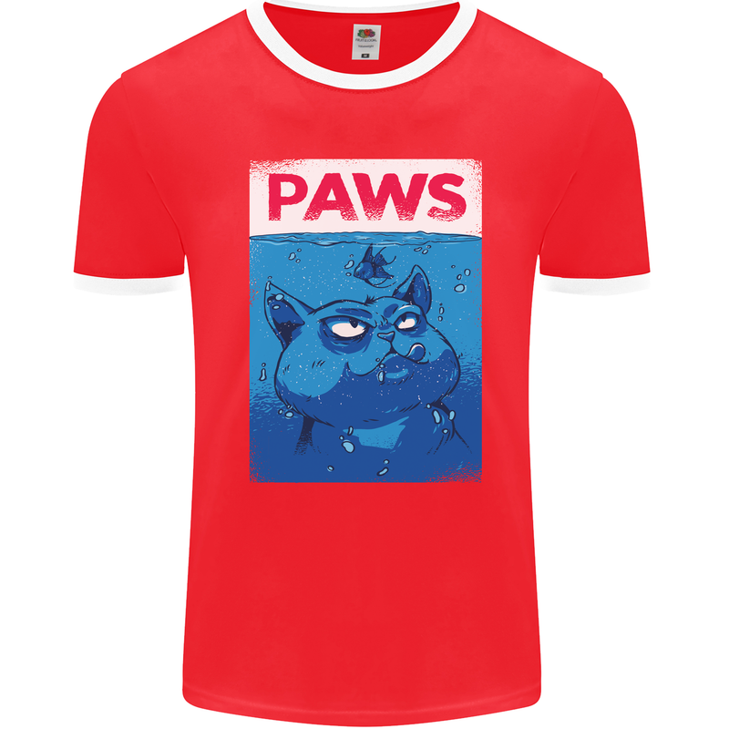 Paws Funny Cat and Goldfish Parody Mens Ringer T-Shirt FotL Red/White