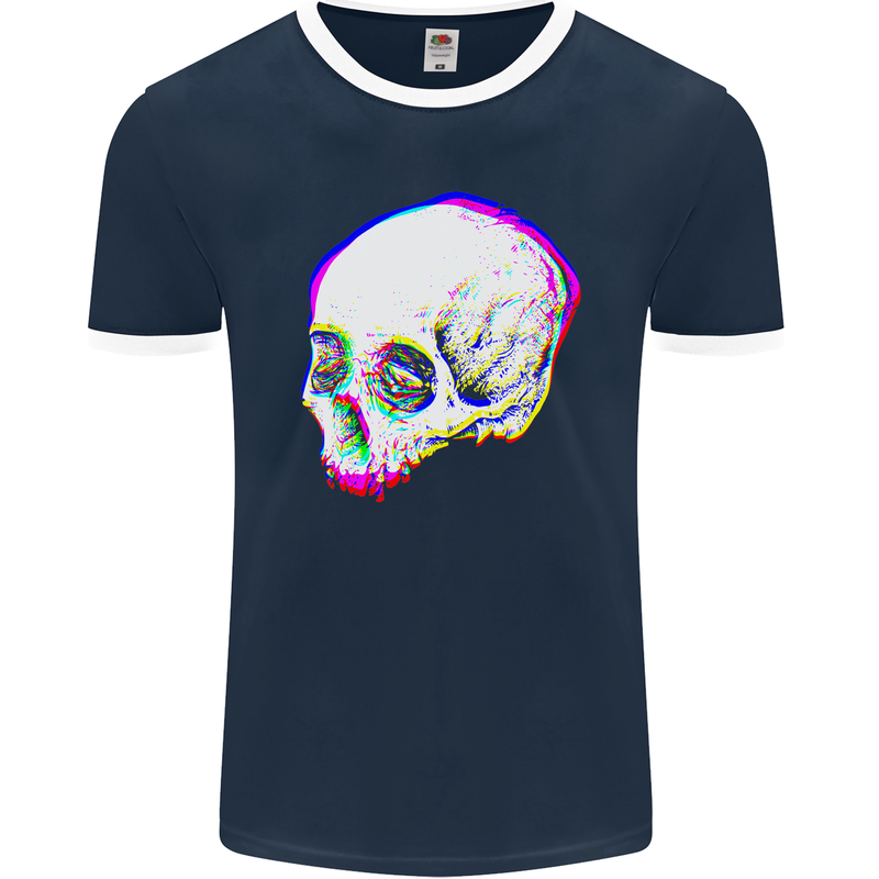 Glitch Skull Gothic Biker Heavy Metal Rock Mens Ringer T-Shirt FotL Navy Blue/White