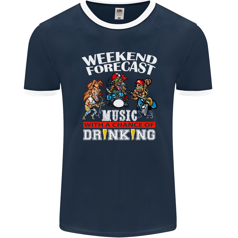 Music Weekend Funny Alcohol Beer Mens Ringer T-Shirt FotL Navy Blue/White