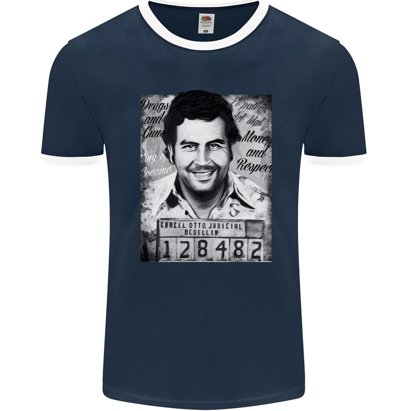 Pablo Escobar Mug Shot Mens Ringer T-Shirt FotL Navy Blue/White