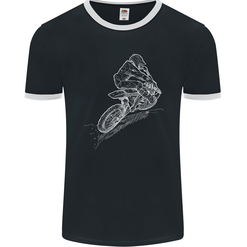 Motocross Rider Drawing Dirt Bike MotoX Mens Ringer T-Shirt FotL Black/White