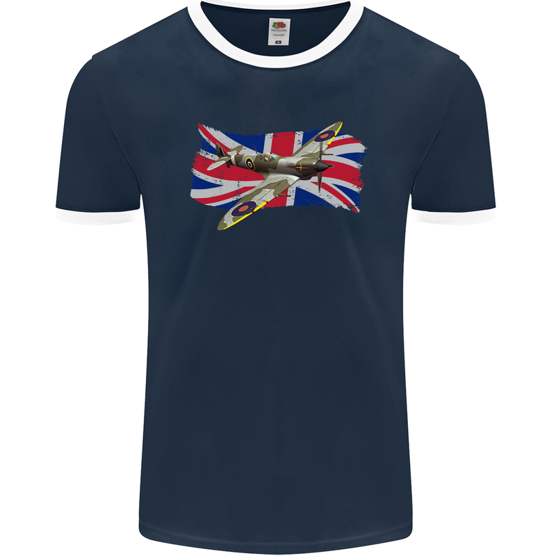 Supermarine Spitfire with the Union Jack Mens Ringer T-Shirt FotL Navy Blue/White